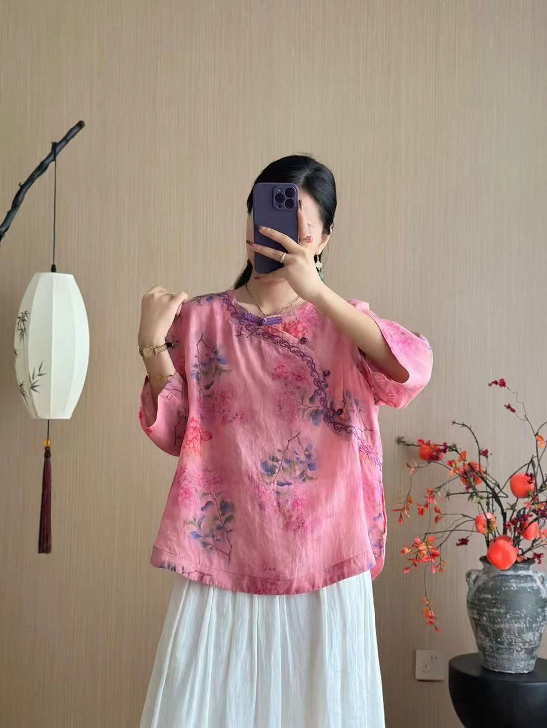 一粒扣百支苎麻斜门襟刺绣印花套头衬衣文艺薄款茶服上衣潮F13