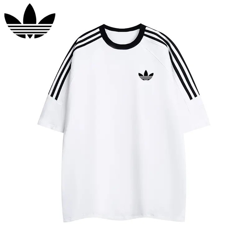 啊迪精选三叶/草重磅纯棉短袖男女同款美式复古三条杠插肩短袖t恤