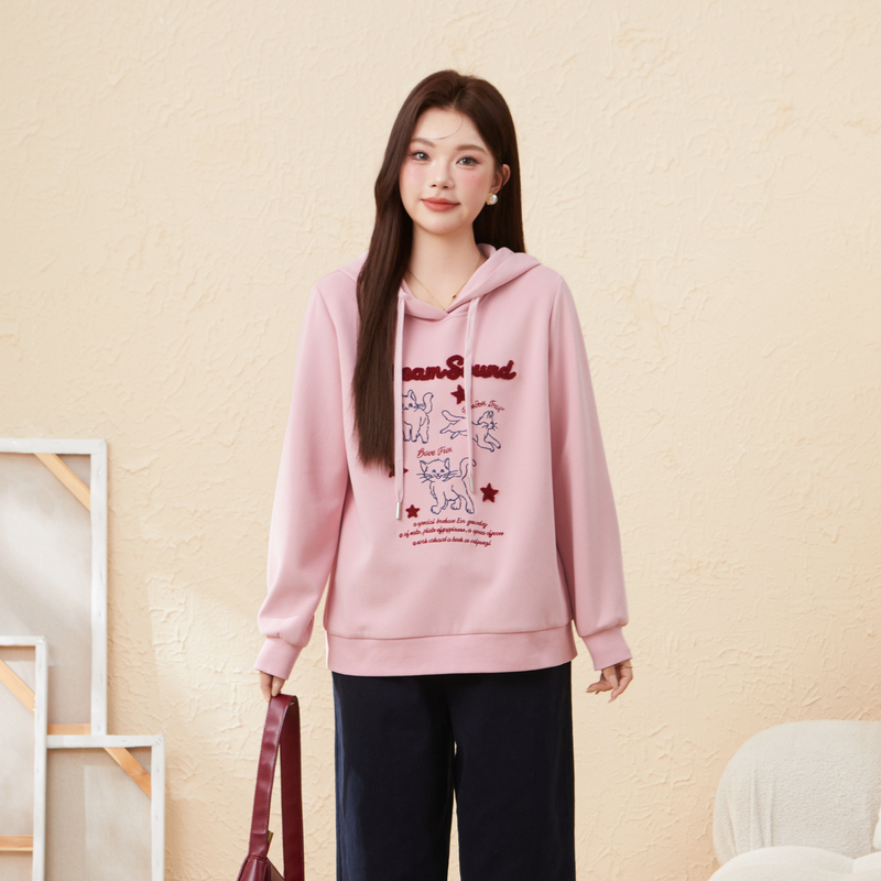 采多宝大码女装刺绣卡通连帽动物减龄梨型小猫加绒卫衣 EDZ6760N