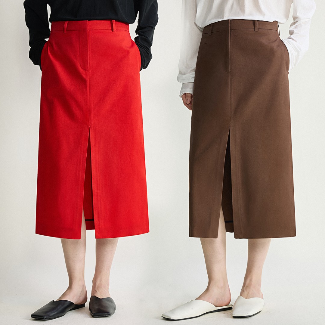 开间/日本进口柔软哑光易打理全棉 極简佰搭前开衩中腰直筒半裙