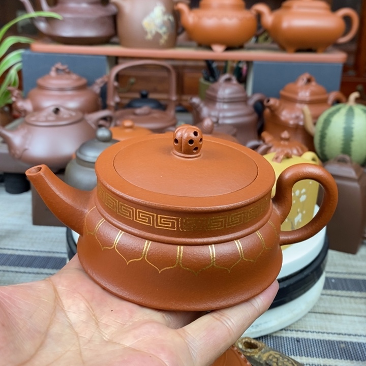 紫砂茶壶禅玉230cc原矿一厂老红土紫砂描纯金丝