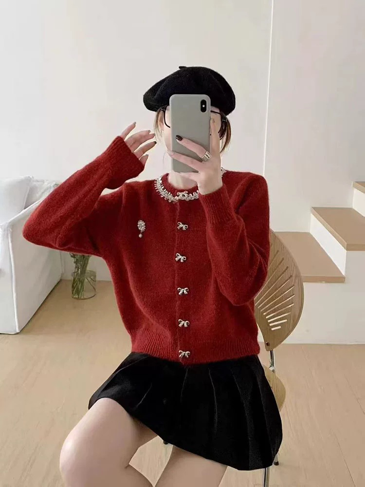 蝴蝶结开衫百搭短款毛衣