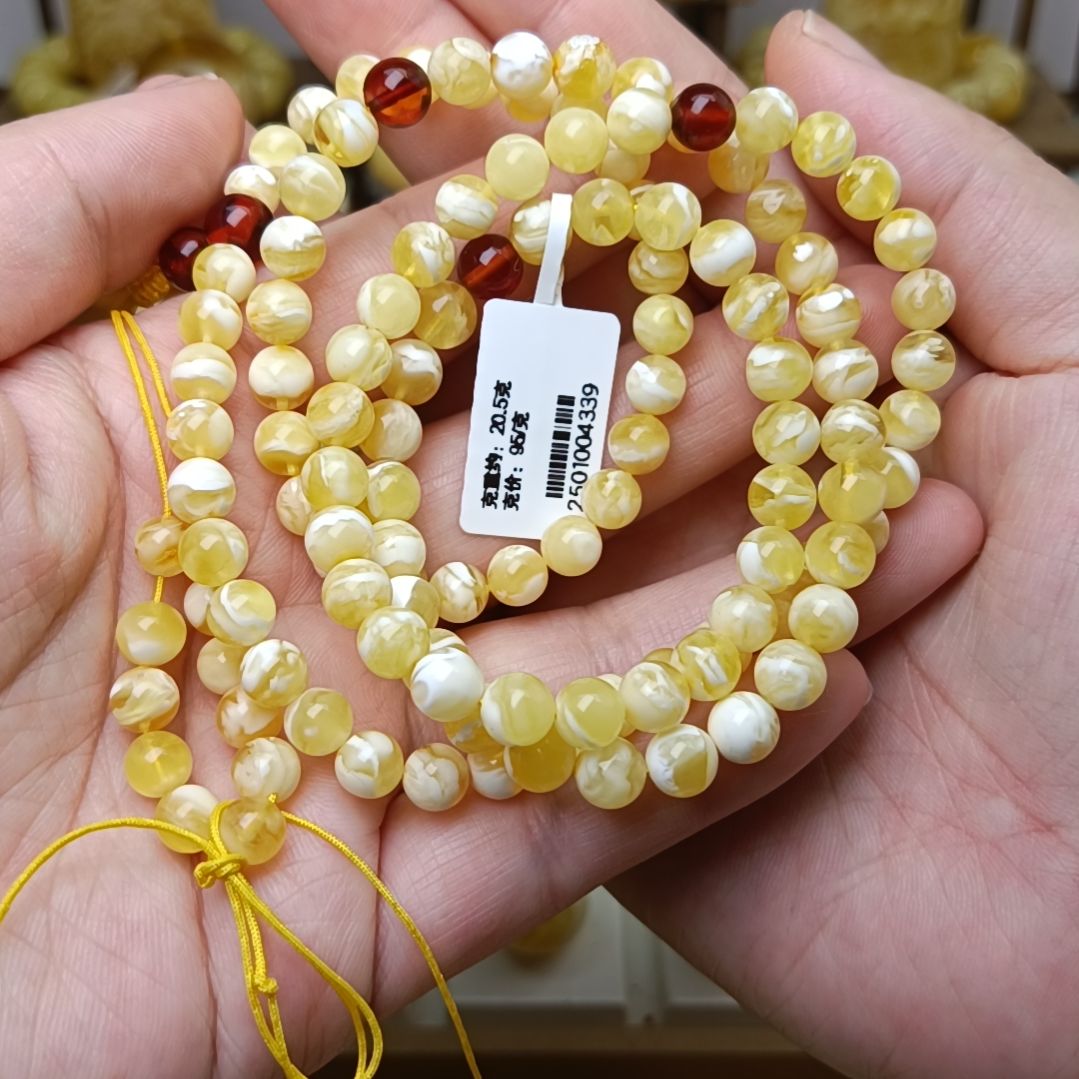 蜜蜡裸石未镶嵌6圆珠108金瓷白