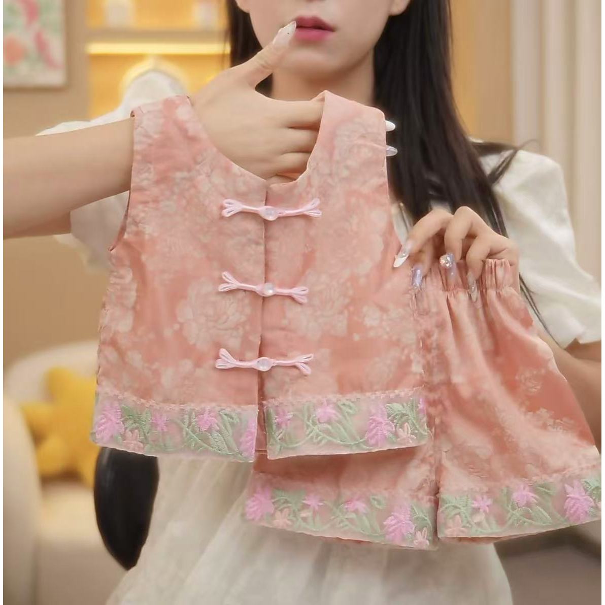 夏季新中式国潮风盘扣刺绣短裤两件套薄款无袖汉服