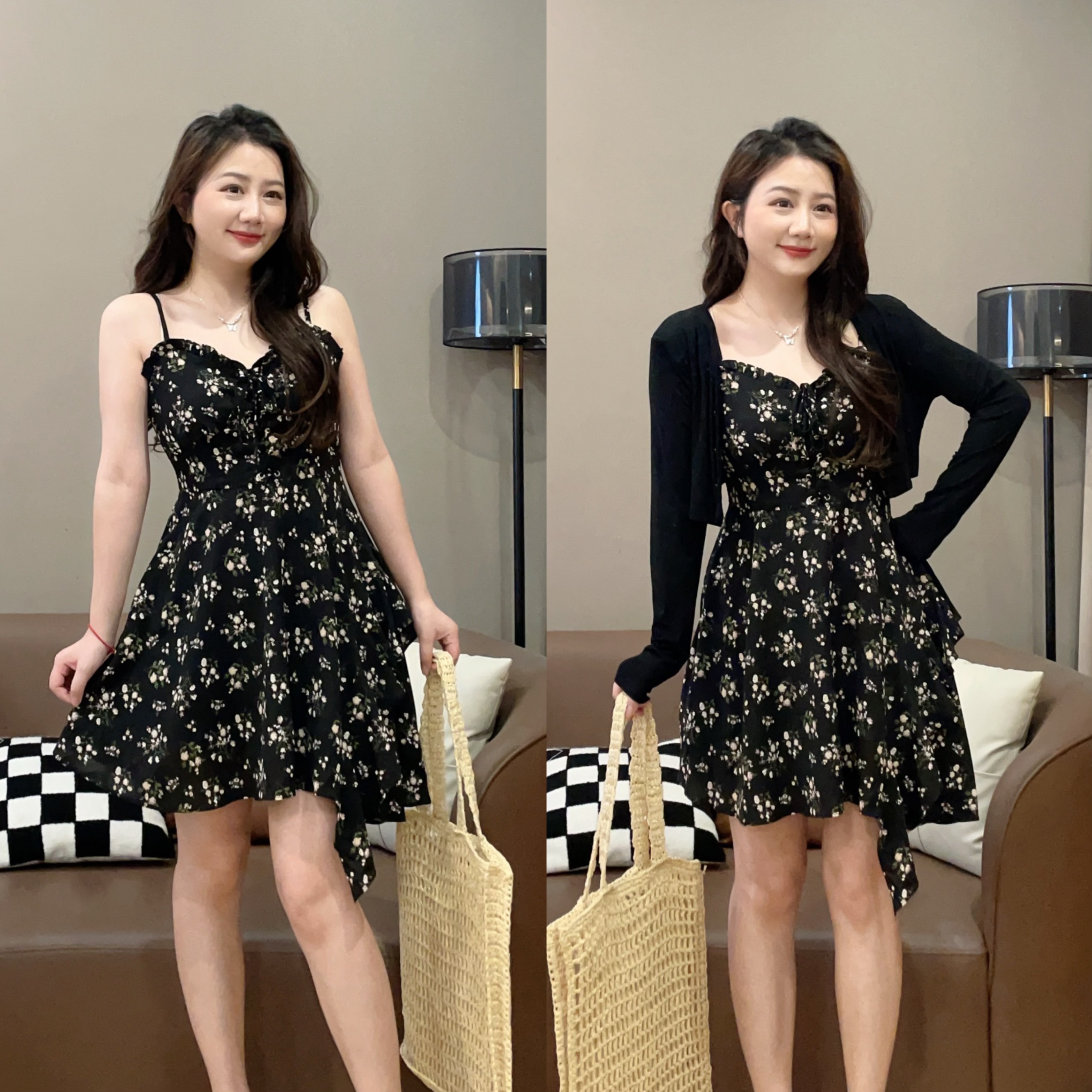 【清清价】气质碎花收腰吊带连衣裙+开衫夏微胖显瘦P225Q09778