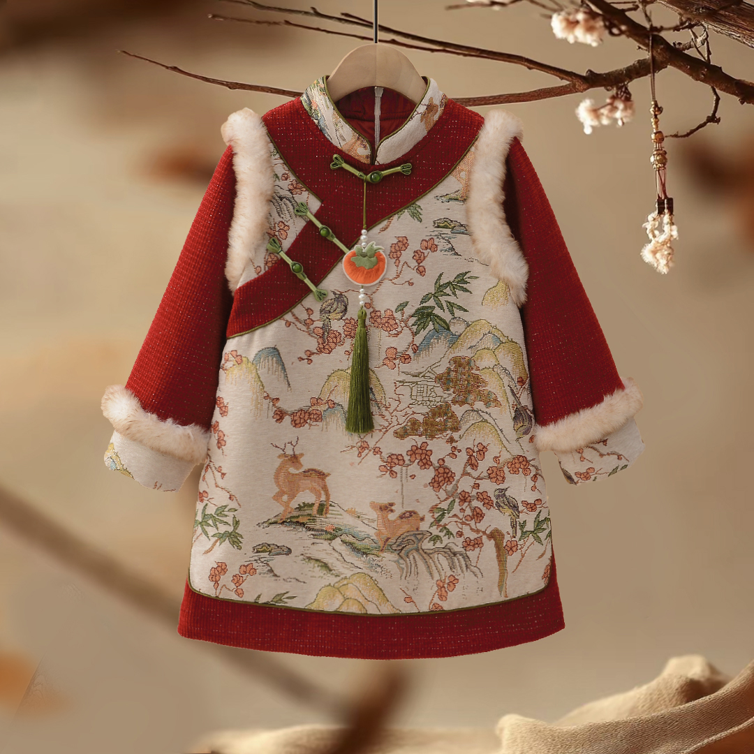 【安大秋】YF975拼色柿柿如意儿童夹棉连衣裙