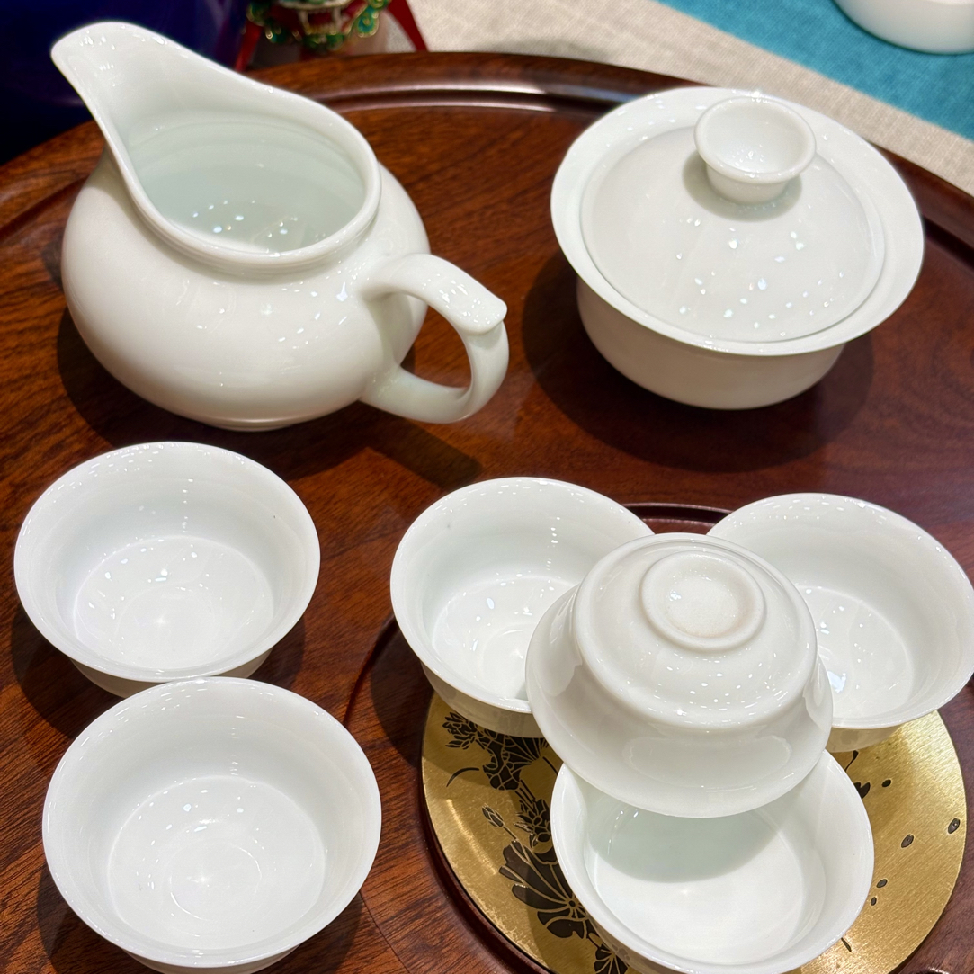 潮州功夫茶简约耐高温高档泡茶白瓷套装防烫茶盖碗茶具（八件套）
