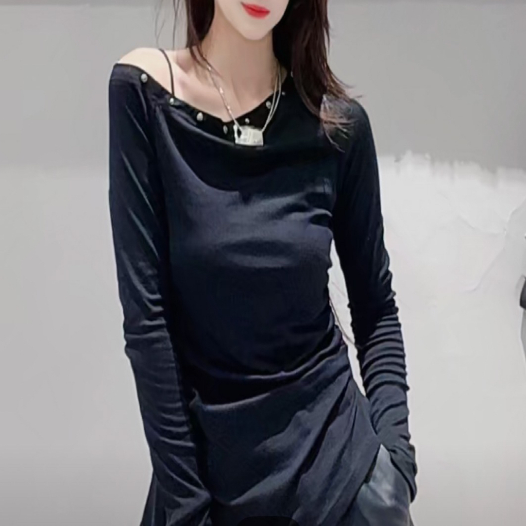 大码女装美式辣妹风斜肩长袖T恤设计感褶皱收腰打底衫上衣