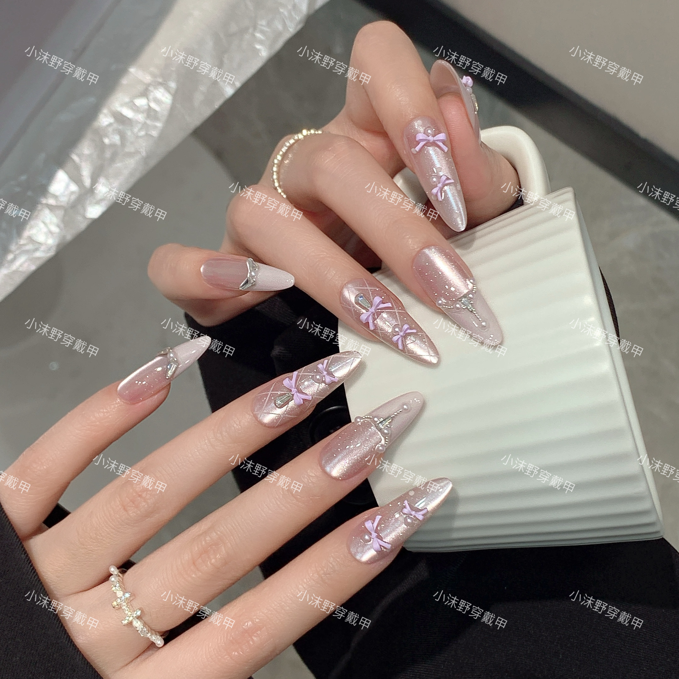 【桃露丝】小沫野穿戴甲粉色猫眼格纹法式可爱蝴蝶结高级定制款美甲