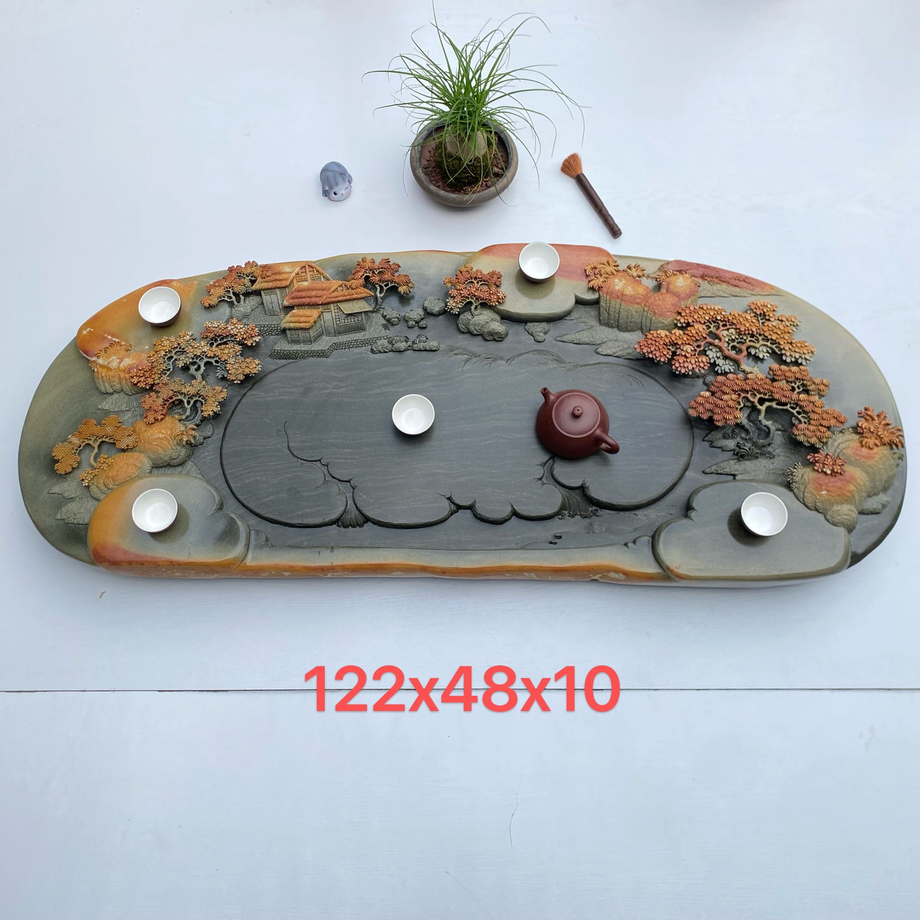 端砚石绿端手工精雕茶盘