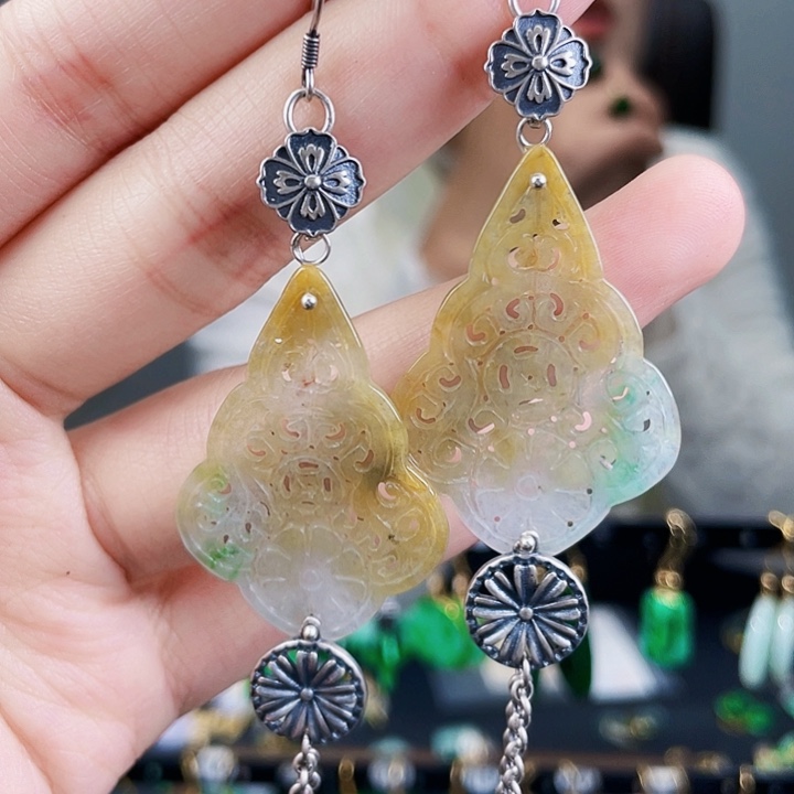 翡翠耳饰银S925镶嵌饰品