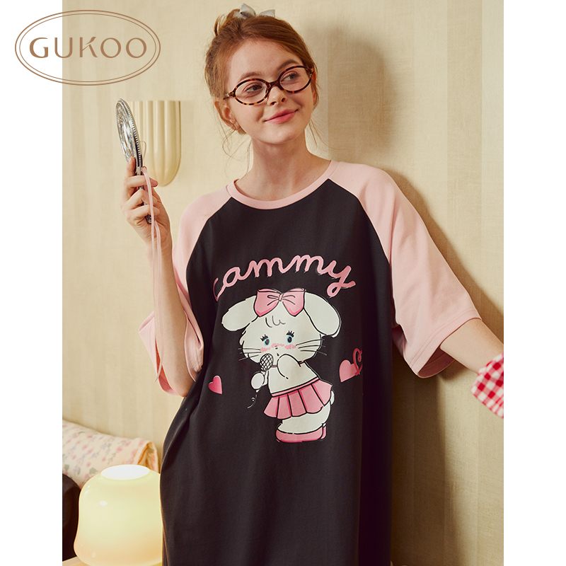 【Gukoo果壳】mikko联名睡裙黑粉印花春夏全棉柔软亲肤家居服睡衣