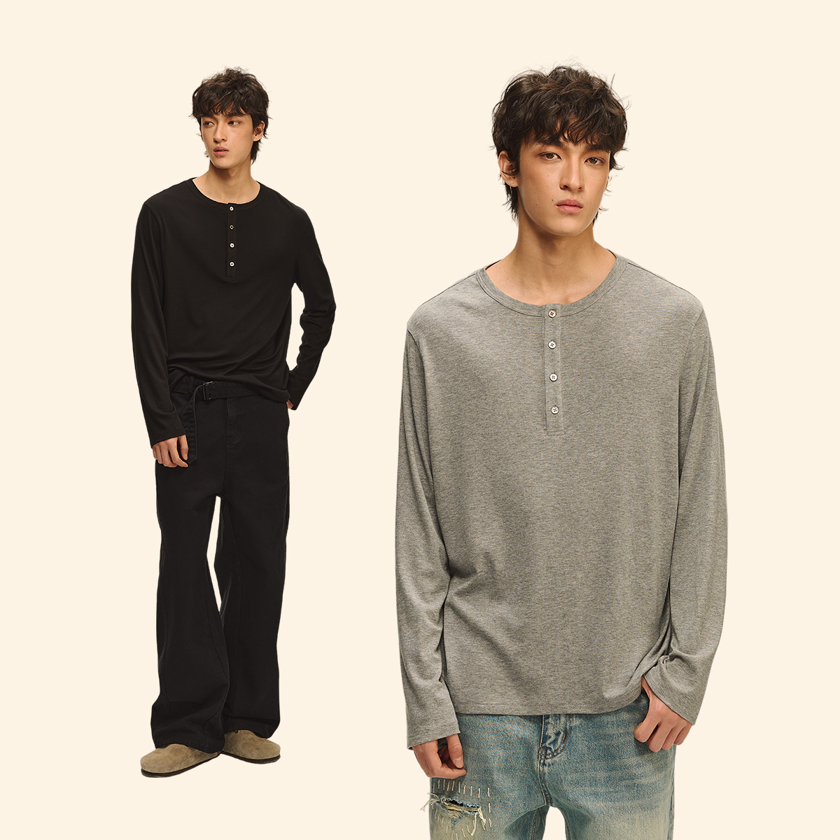 CLIMAX VISION兰精天丝羊毛/软糯舒适抗皱/亨利领休闲打底长袖T恤