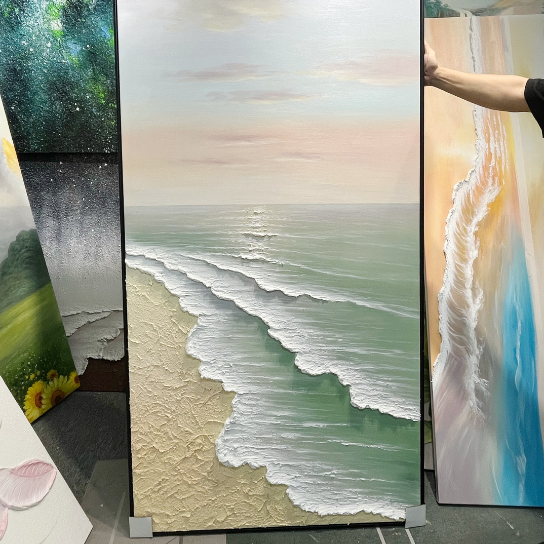 奶油原木现代风海景油画客厅沙发背景墙画玄关装饰画高级感