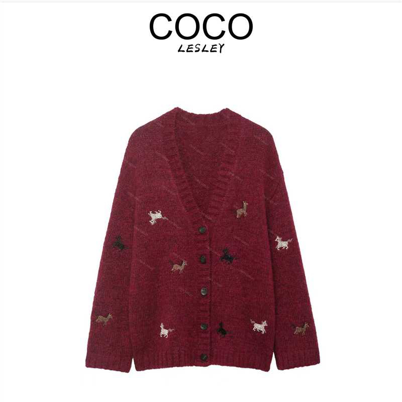【COCO LESLEY】秋冬新款韩版百搭马海毛 V 领卡通钉珠针织开衫毛衣