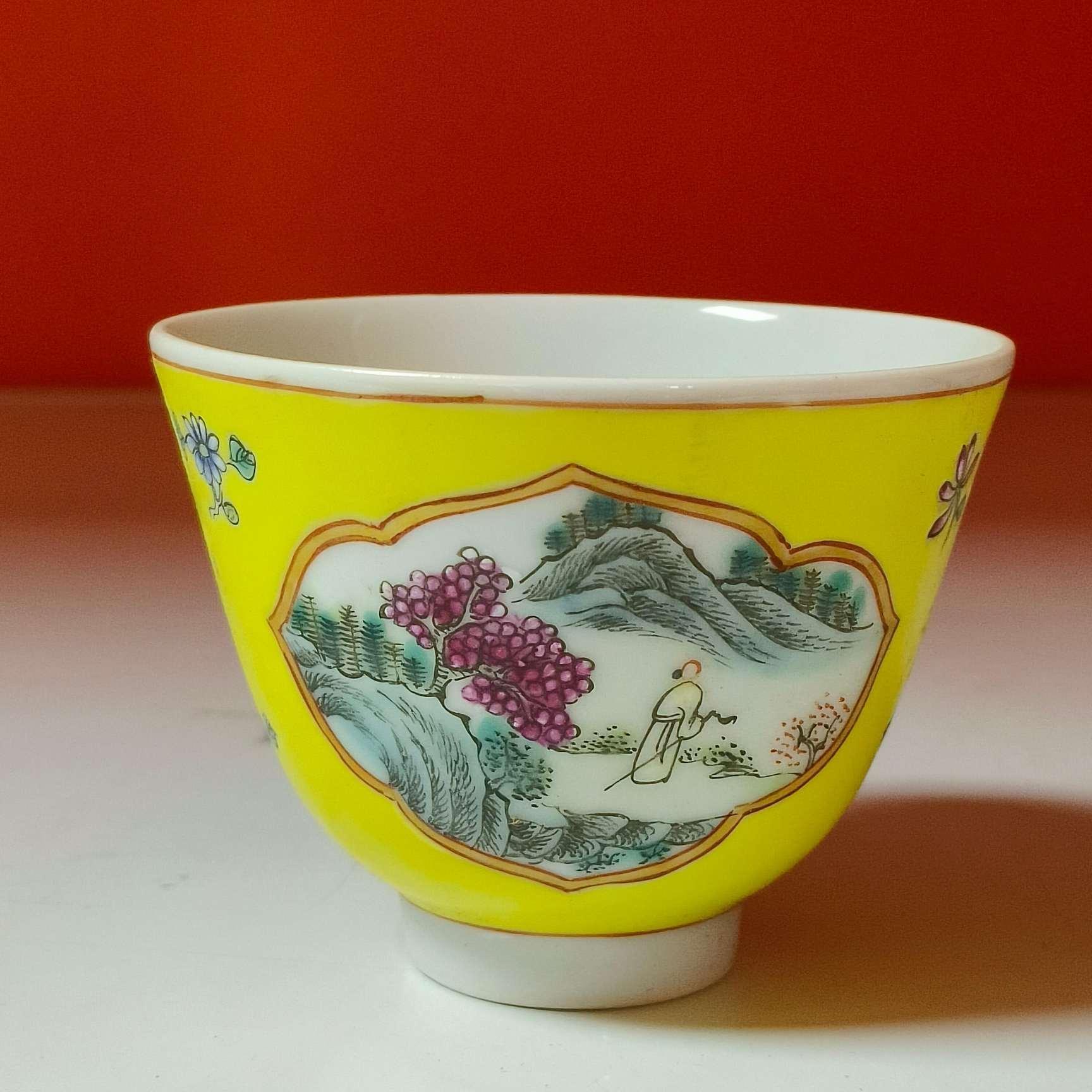 3781清晚期 黄地开窗山水人物故事图主人杯