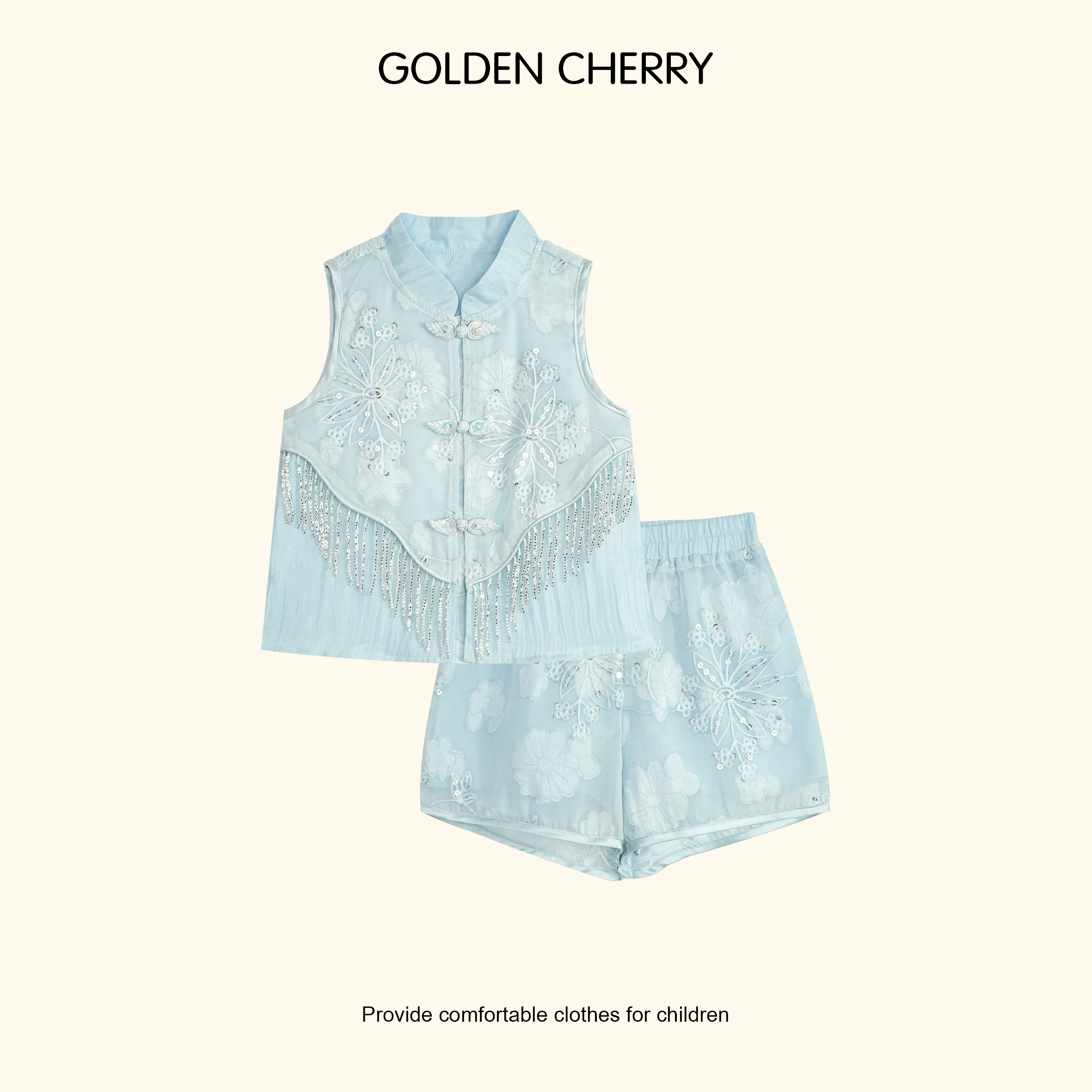 【Golden cherry】小童蓝色绣花盘扣流苏套装33058