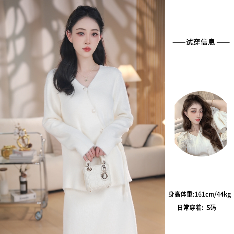 一整套ootd穿搭法式系带v领针织开衫半身裙高级感超好看两件套装