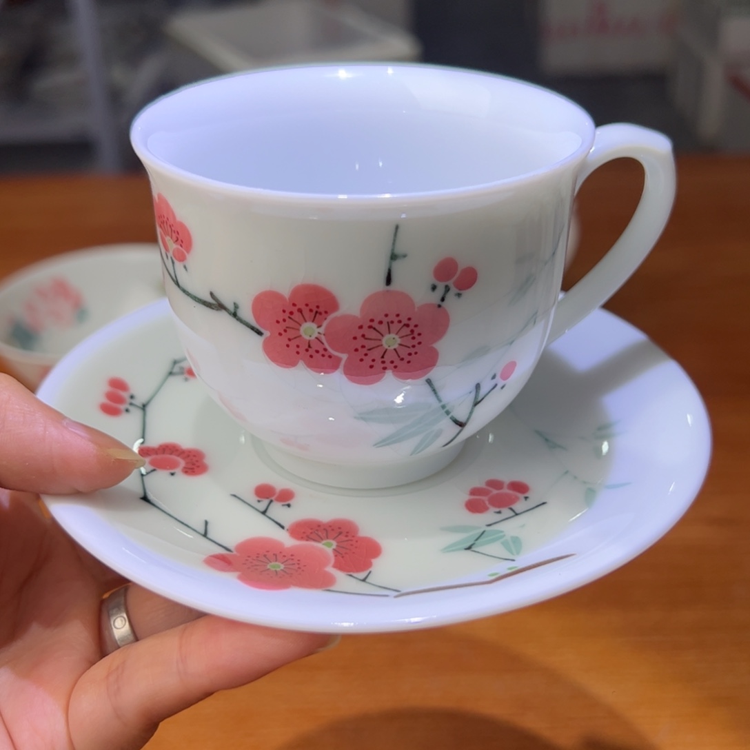 滑石子 红梅咖啡杯碟，微瑕开片
