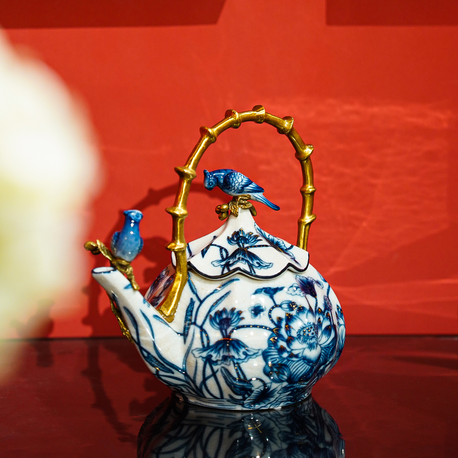 【本尼家】HX84中式高温陶瓷镶铜八瓣南瓜圆肚茶壶双雀提壶玄关摆件