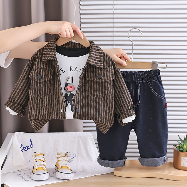 《浩哥童装》KN253219三件套韩版条纹单排扣三件套童装