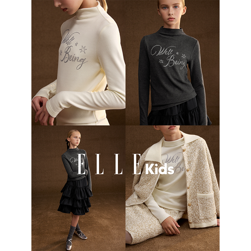 ELLE KIDS童装 德绒立领烫钻打底衫女儿童冬季磨毛半高领针织衫D6