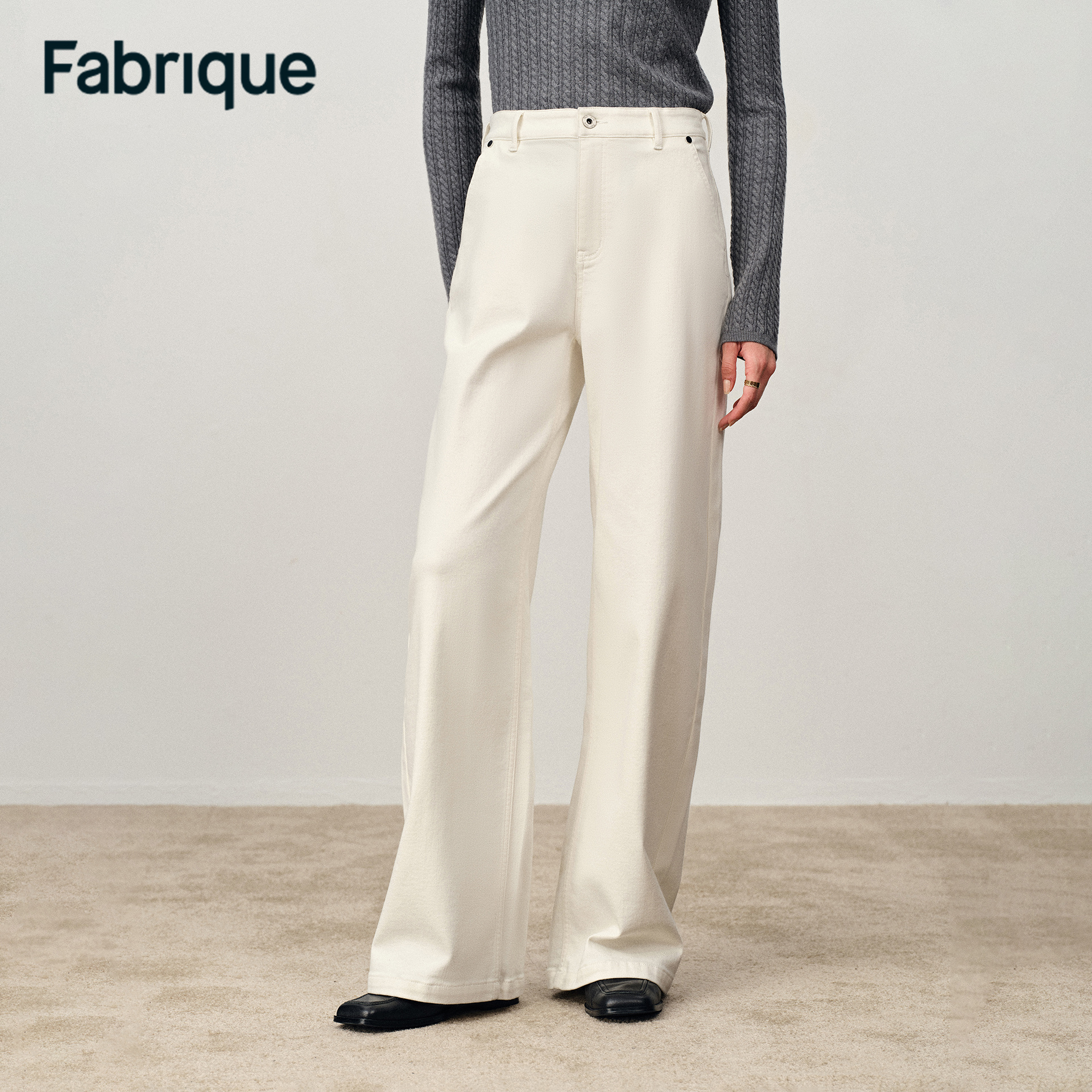Fabrique Solara 秋冬新品糯米白含绵羊毛加绒直筒休闲阔腿牛仔裤