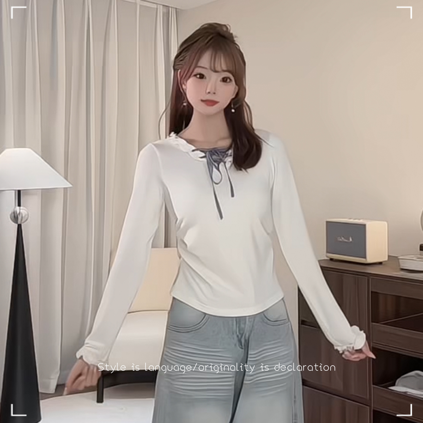 【现货】交叉绑带V领木耳边设计气质减龄百搭修身显瘦长袖T恤上衣