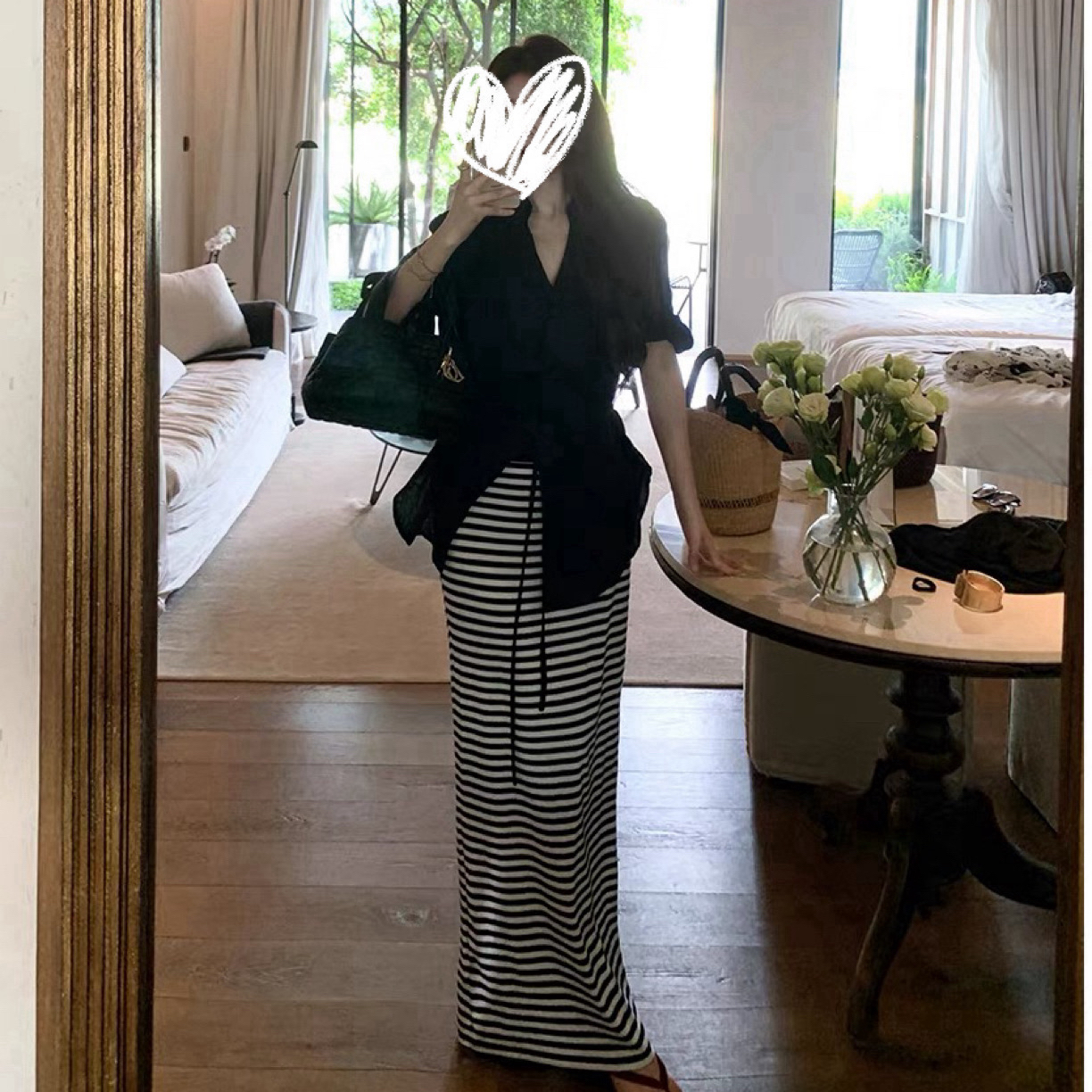 运补｝早秋新款宽松百搭简约老钱风衬衫条纹直筒长款半身裙套装