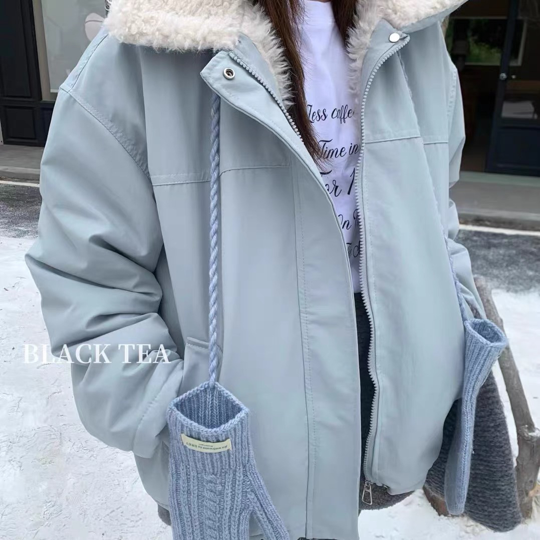 1153蓝色拼接毛毛领加厚毛外套B23-2