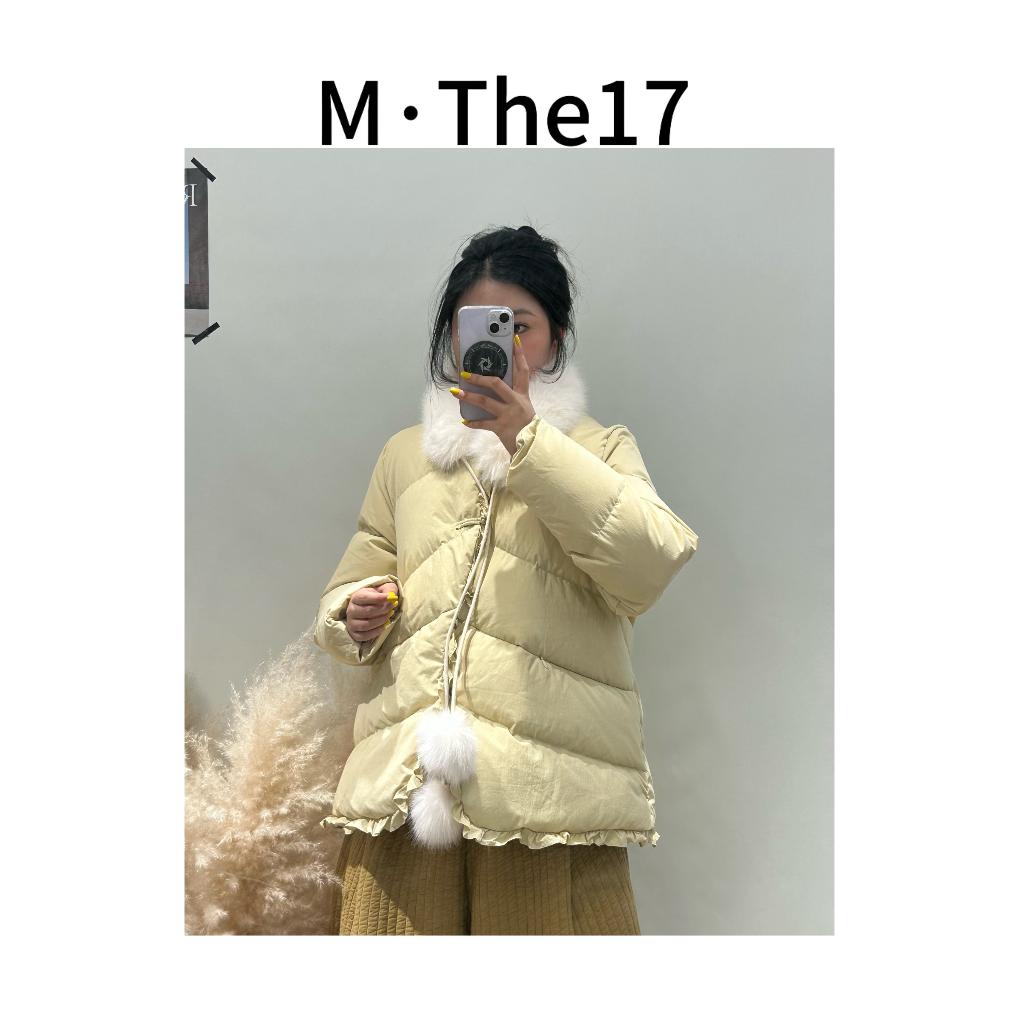 M•The17  2025冬季新款韩系甜美木耳边圆领羽绒外套+毛毛领围脖 