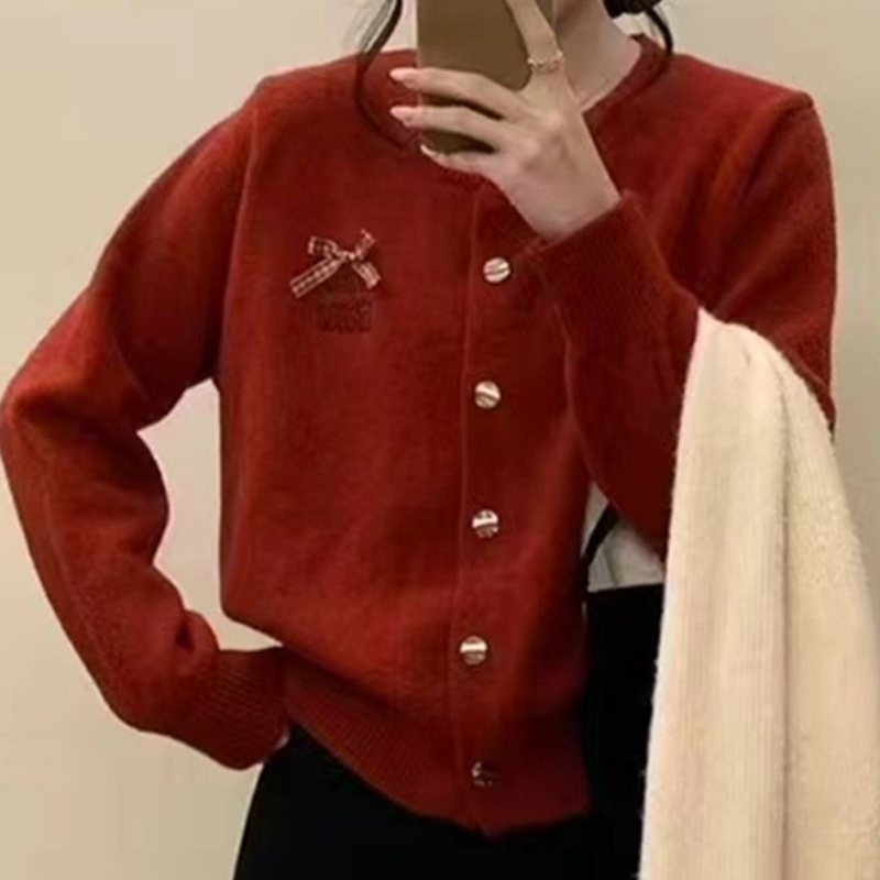 韩系洋气减龄圆领蝴蝶结毛衣女开衫2025春秋新款宽松休闲针织外套