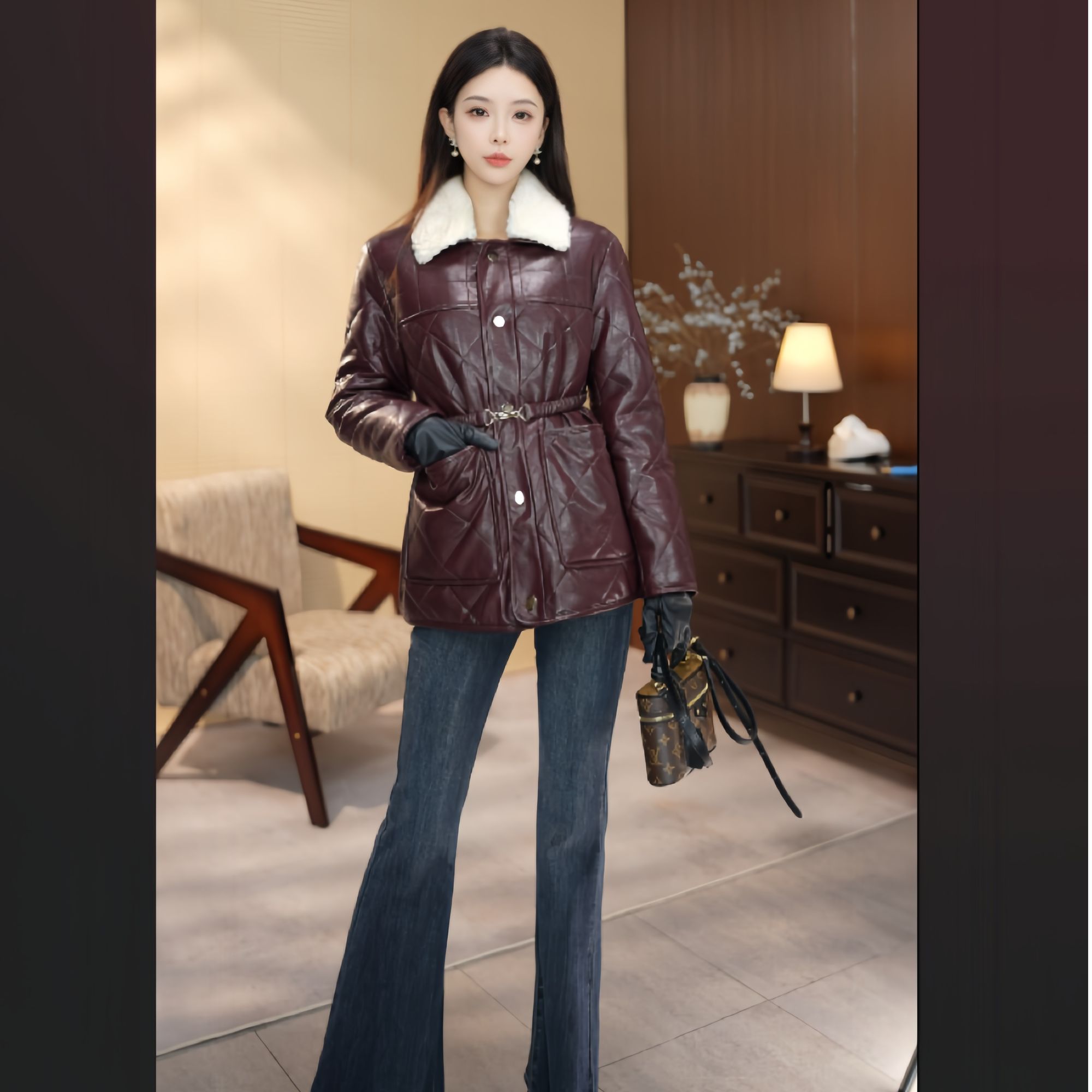 羊羔毛领植绒休闲真皮皮衣女网红小个子美式机车风厚款百搭2025新