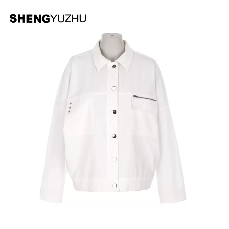 声雨竹春夏新款时尚休闲宽松百搭白色翻领长袖上衣女外套