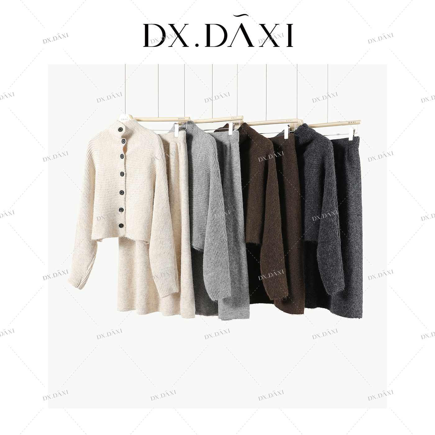  DX.DAXI【季节实况】针织坑条纹纯色弹力开衫+半裙针织套装