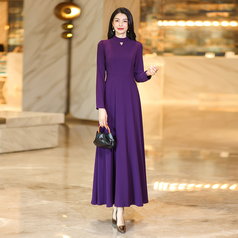 长袖轻职风修身连衣裙女装长裙古风高街穿搭紫色优雅气质显瘦裙子