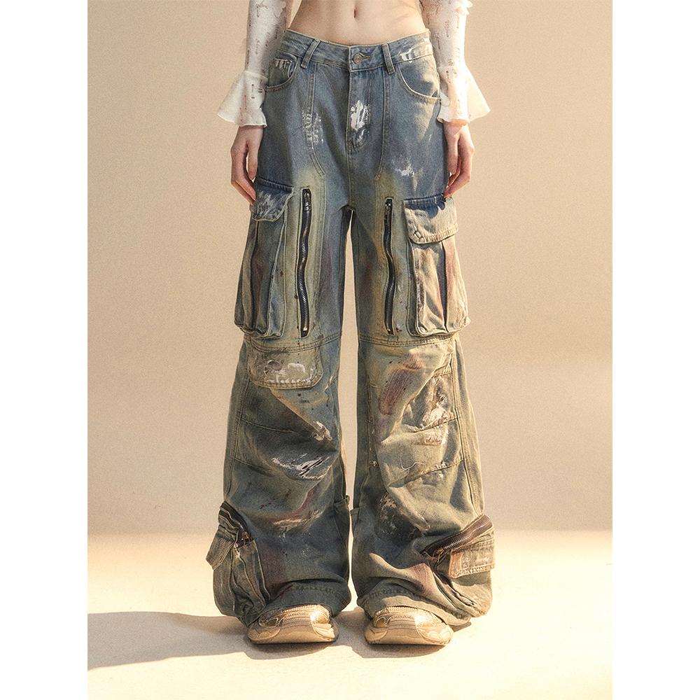 少也眼洛杉矶腔调 美式高街阔腿牛仔裤女夏季宽松显瘦工装裤长裤