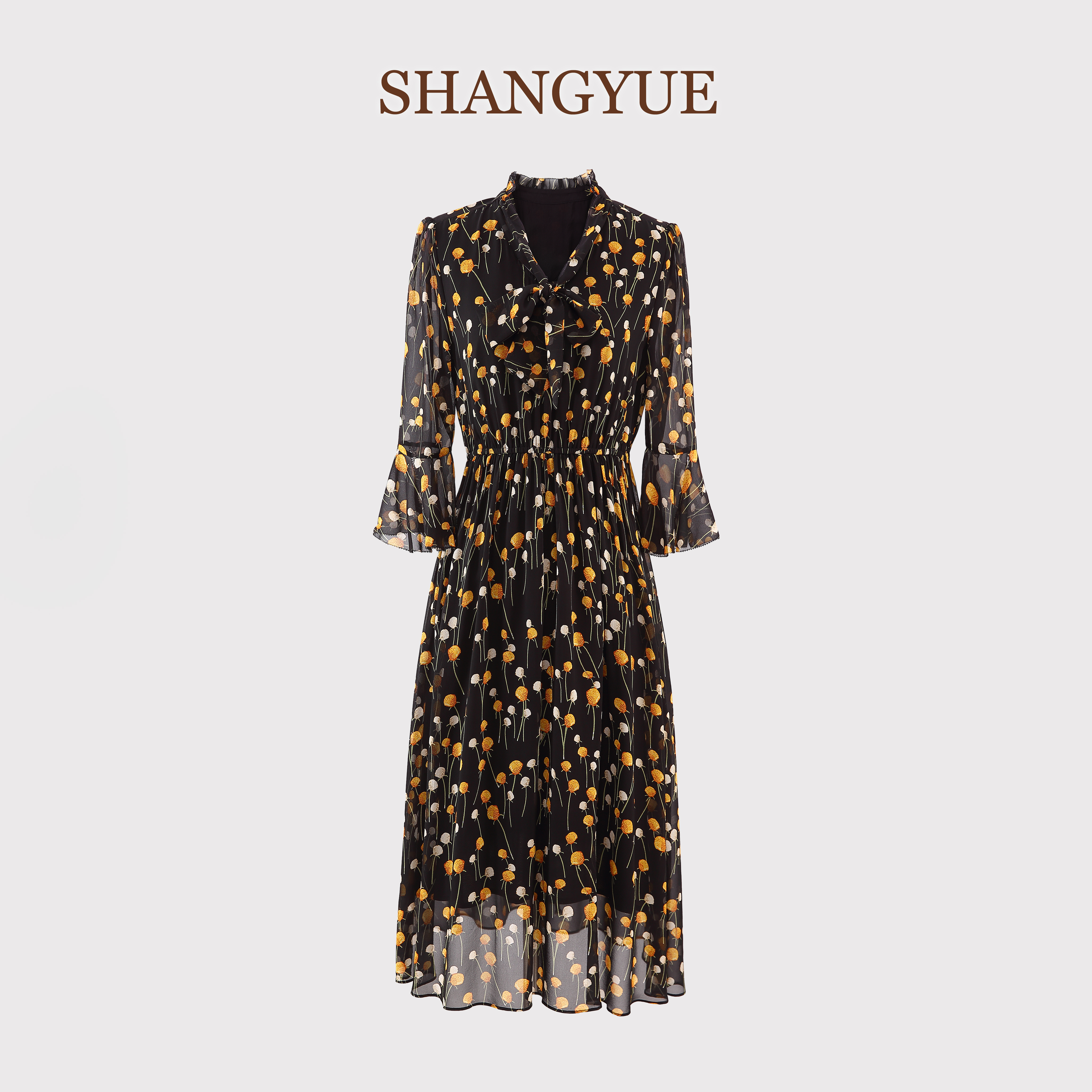 “浅黄樱桃”重磅乔其6A真丝100%桑蚕丝印花V领优雅女装连衣裙C057