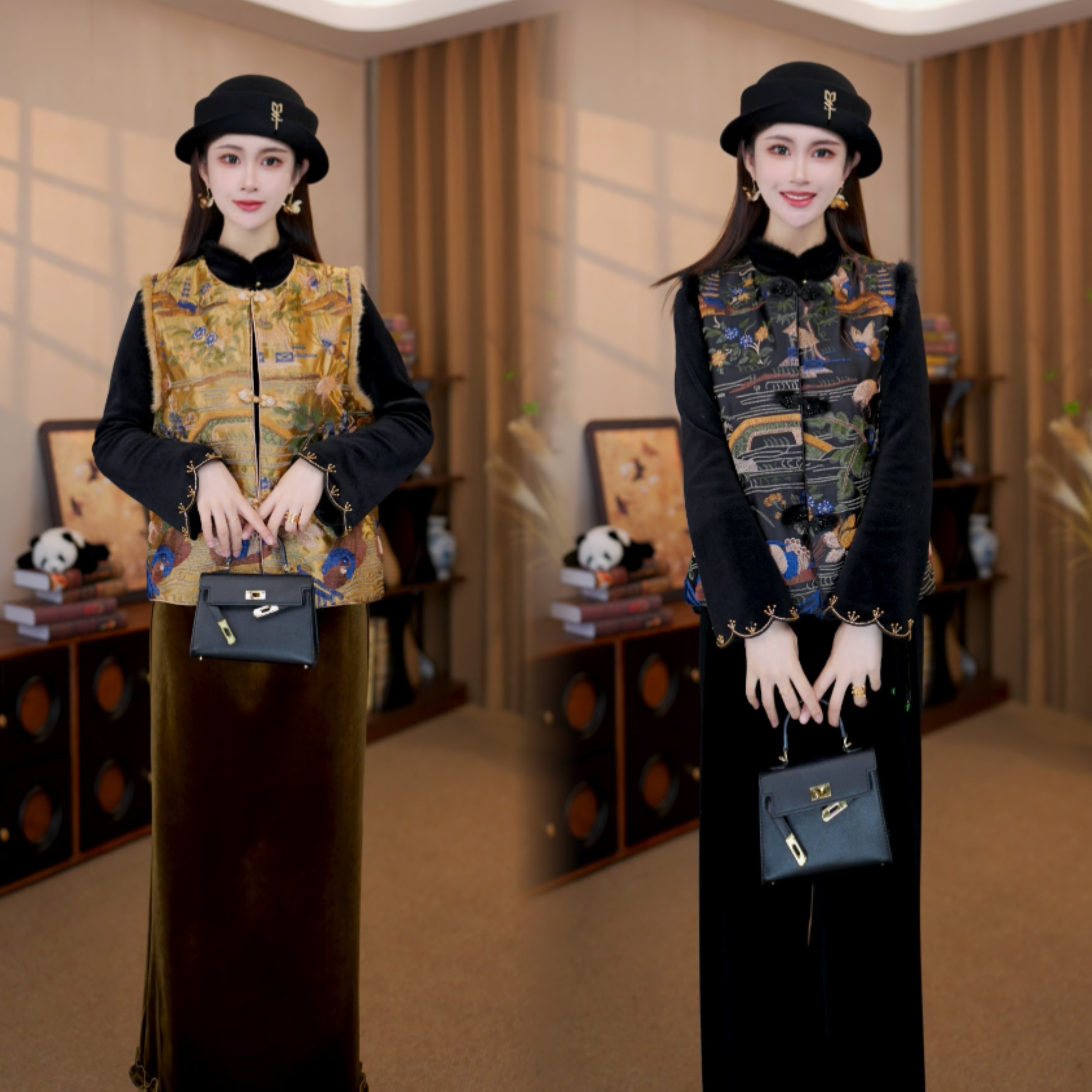 【临江仙】新中式国风百搭拼水貂毛对襟棉马甲LYGMJ2258