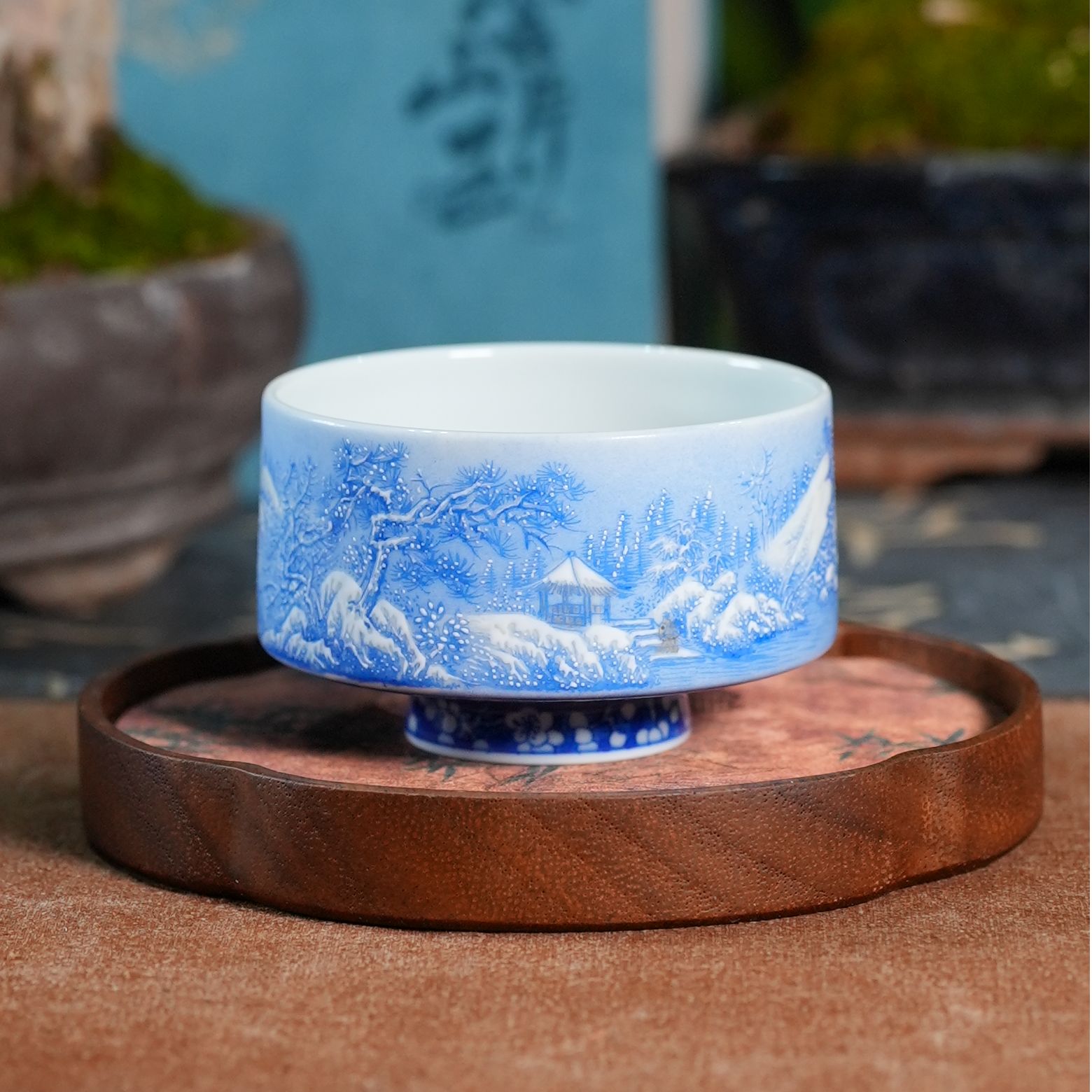 云山片玉 宝石蓝雪景冰梅禅定杯陶瓷纯手工 