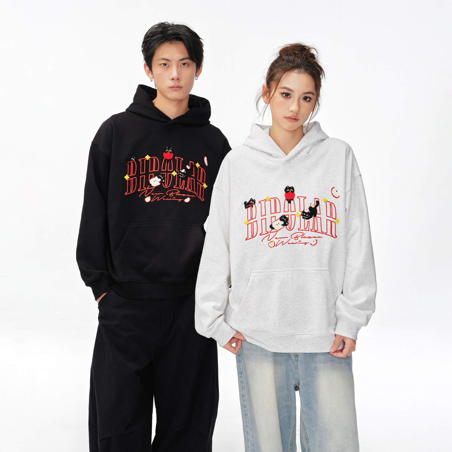 BIPOLAR苹果猫毛巾绣宽松情侣百搭休闲潮流美式连帽卫衣 18S211