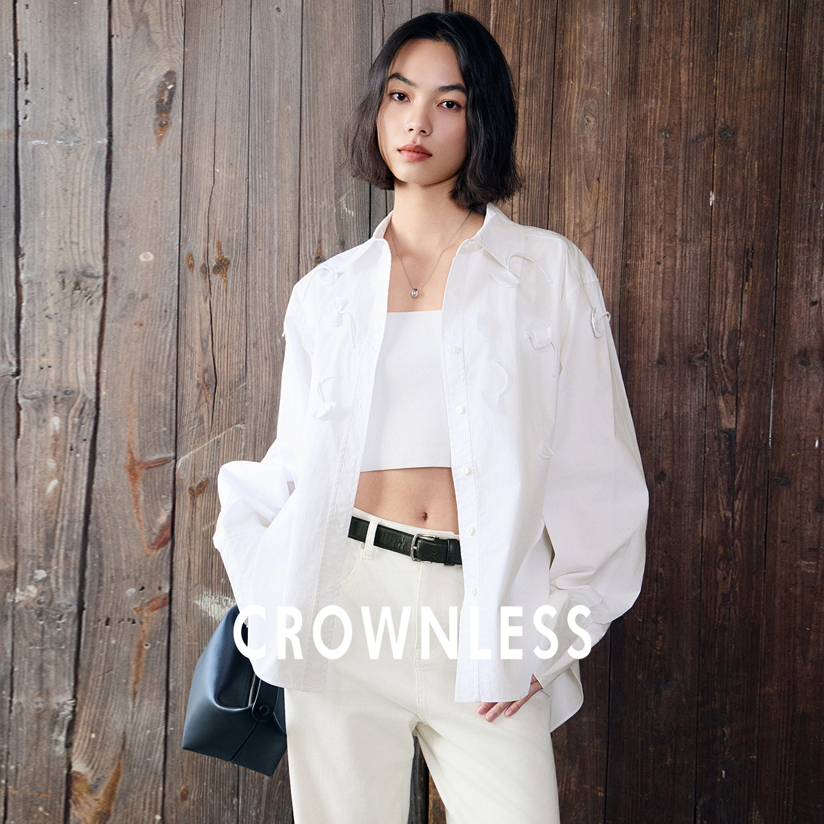 [CROWNLESS] 未冕2024秋季新品经典宽松微落肩小尖领手工花衬衫女