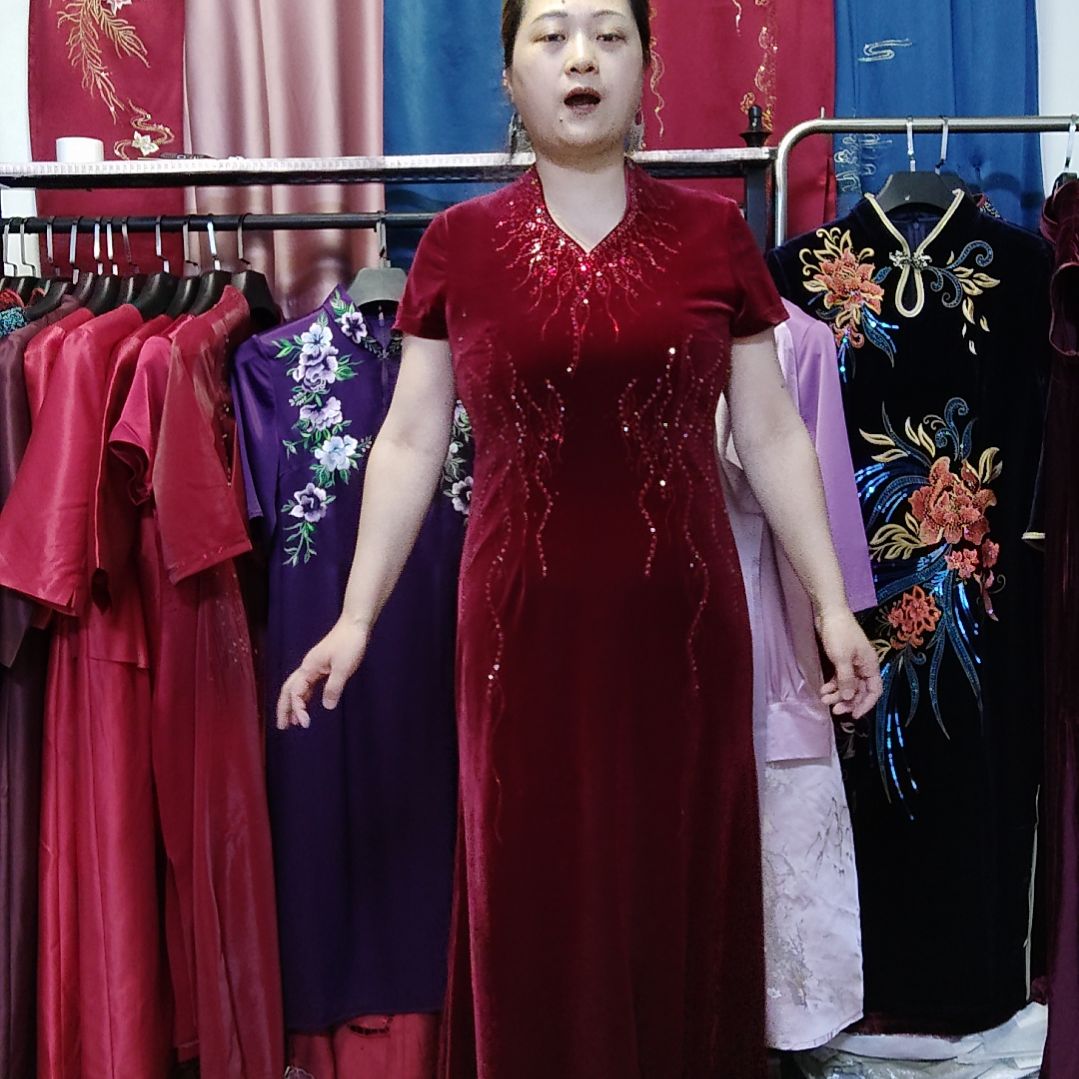 酒红色金丝绒重工v领长款礼服鱼尾裙xl码120斤内
