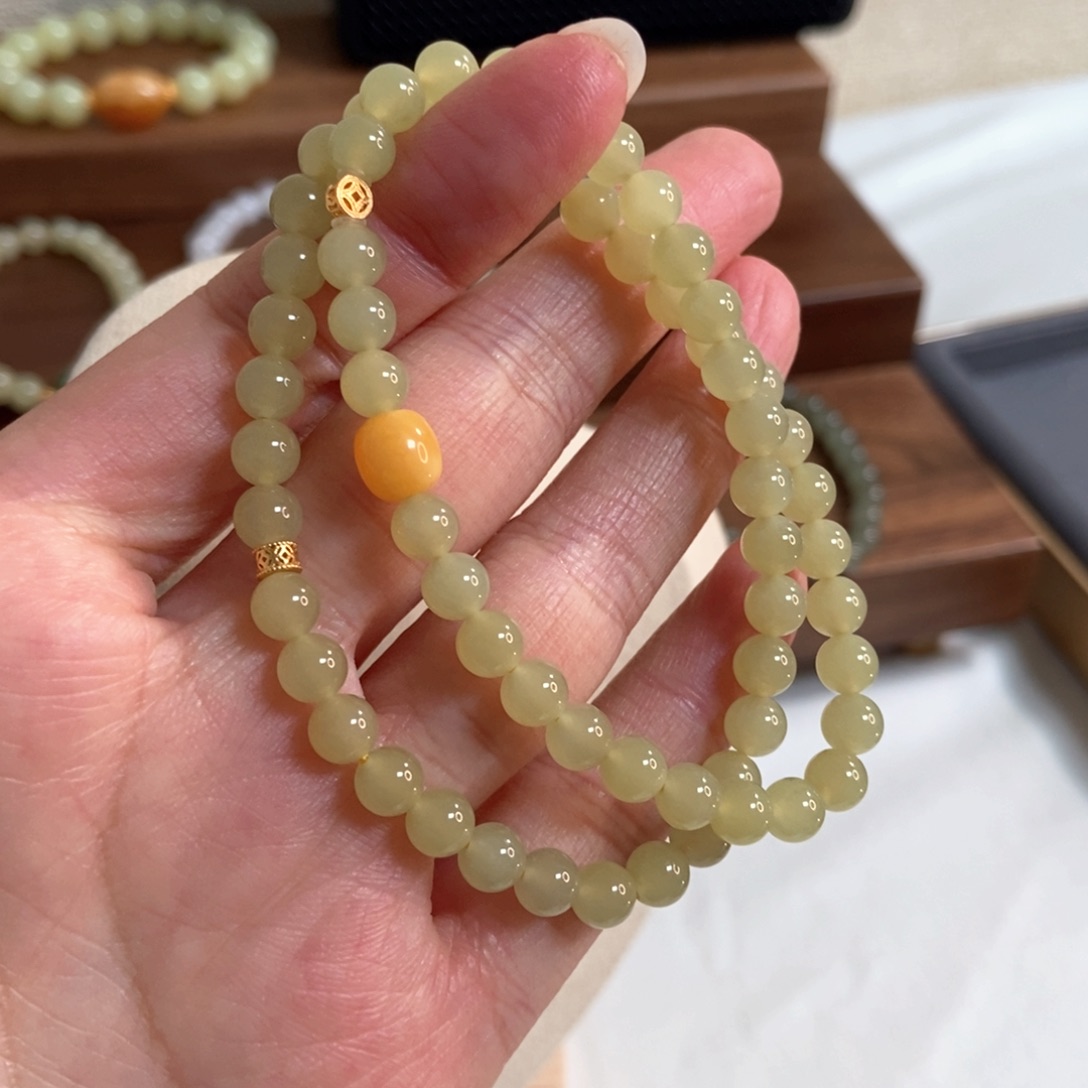 和田玉手链银S925镶嵌J****t福利6mm黄口双圈