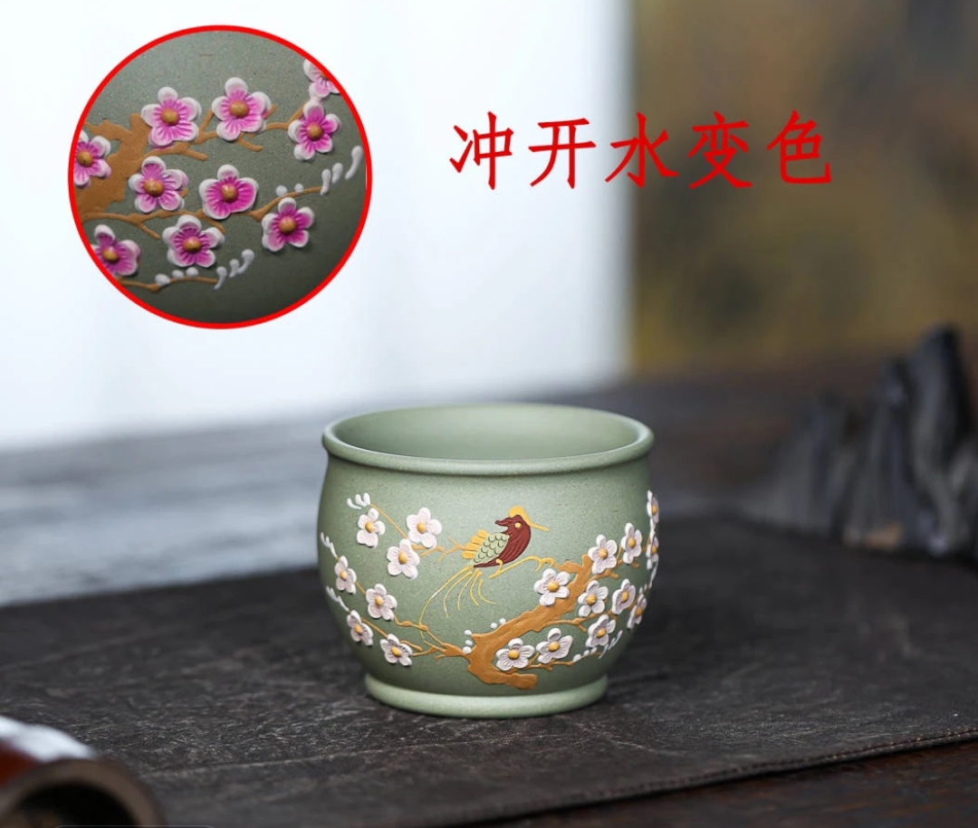 紫砂豆青砂大口3开双色精美手绘喜上眉梢主人杯