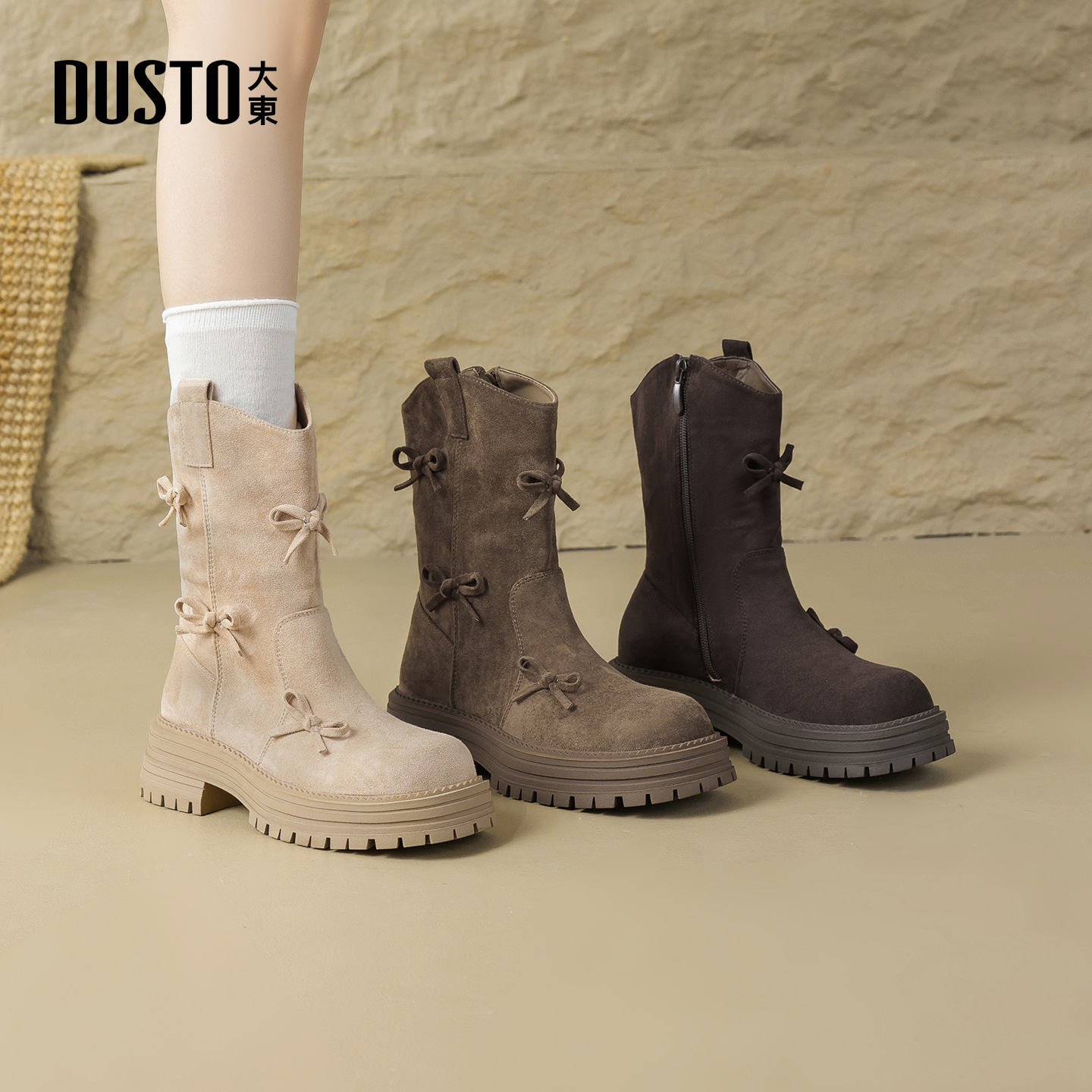 大东中筒靴女2025新款冬季复古厚底西部靴堆堆靴蝴蝶结短靴子0214