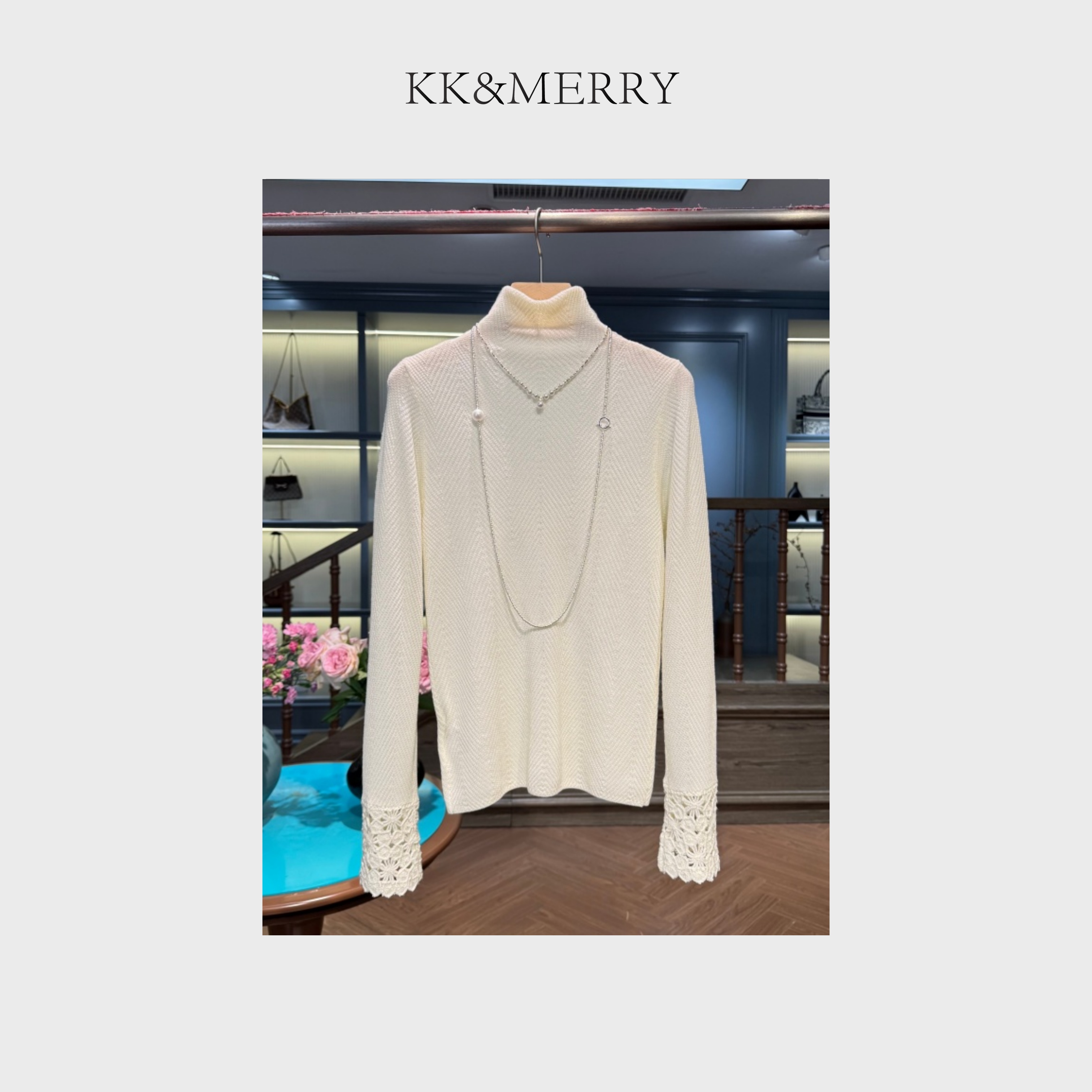 KK&MERRY百搭袖口独特镂空钩花高领长袖内搭针织衫KDKW1839