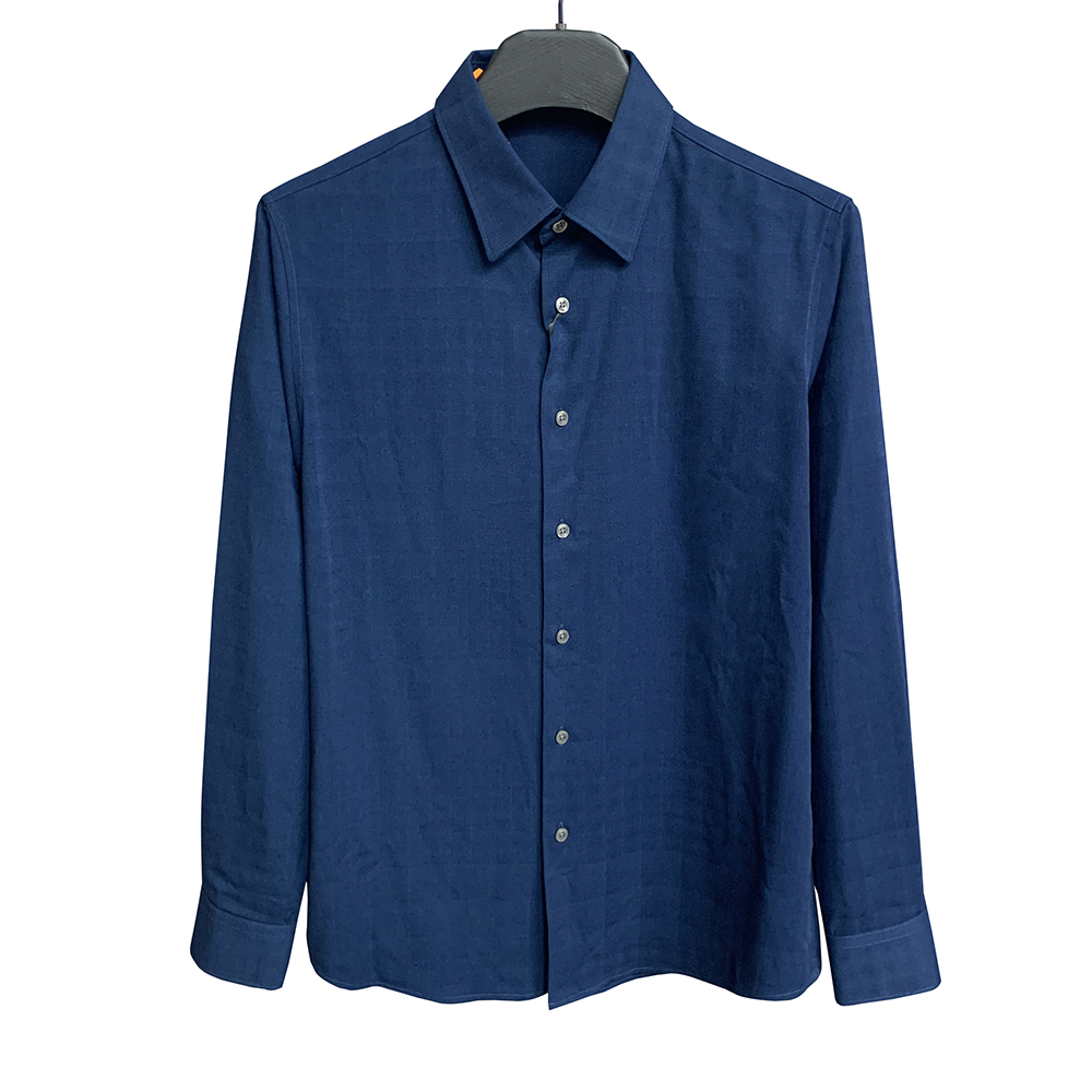 柏-小马【棉+羊毛等4面料】深蓝色贝壳扣商务休闲薄款长袖衬衫C2067