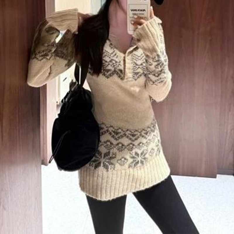 【雪国冰岛】混纺粗针冰岛纱提花针织衫气质修身翻领半系扣毛衣