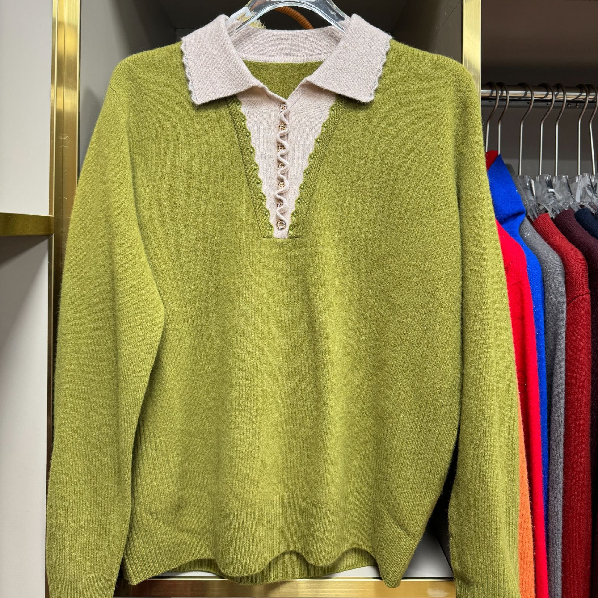 黛妍798冬季新款100%羊毛减龄气质女款POLO领假两件针织上衣